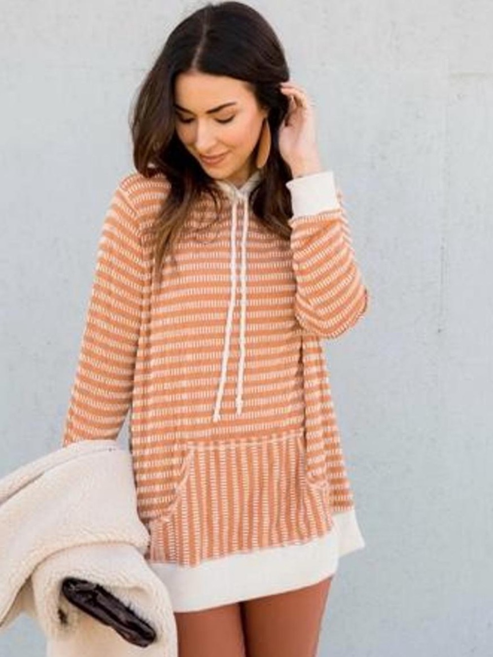 Cozy Striped Hoodie Tunic - Cognac/White